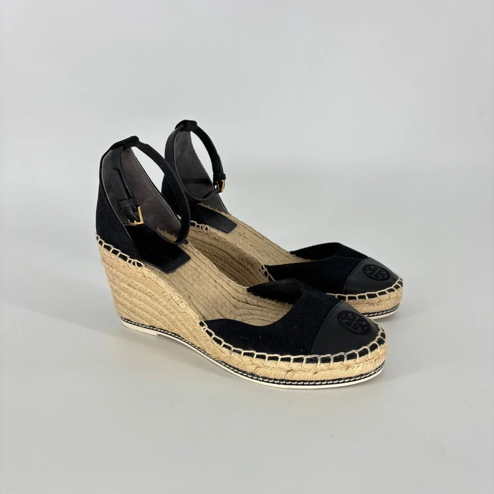 Tory Burch Color-Block Wedge Espadrille Sandals Black Women Size 9 Round Cap Toe